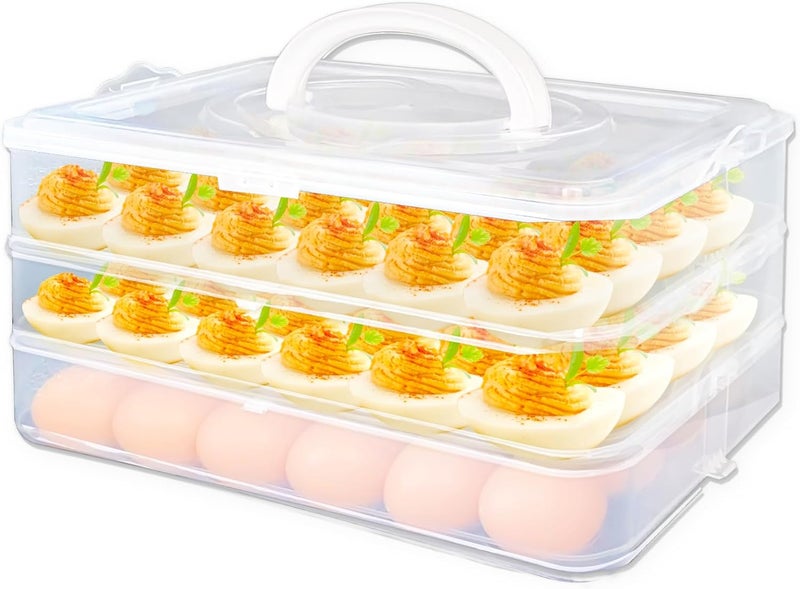 Jgalnim 3 Layer Deviled Egg Trays Containers with Lid,Plastic Refrigerator Egg Carrier with Handle for 72 holes,Clear Storage Platter for Portable Devil Egg,Easter Thanksgiving - Image 1